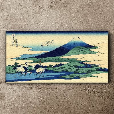Cranes by a Mountain Print on canvas