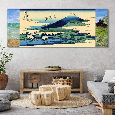 Cranes by a Mountain Print on canvas