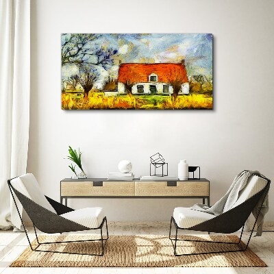 A colorful country cottage in the landscape Print on canvas