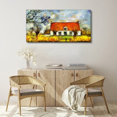 A colorful country cottage in the landscape Print on canvas