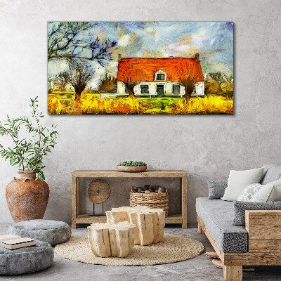 A colorful country cottage in the landscape Print on canvas