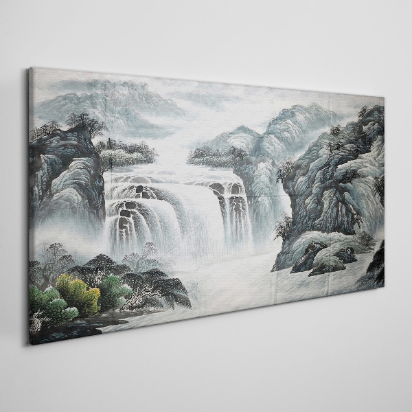 Serene waterfalls in a mountain landscape Print on canvas