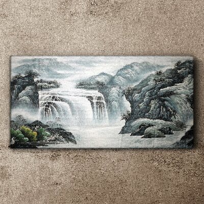 Serene waterfalls in a mountain landscape Print on canvas