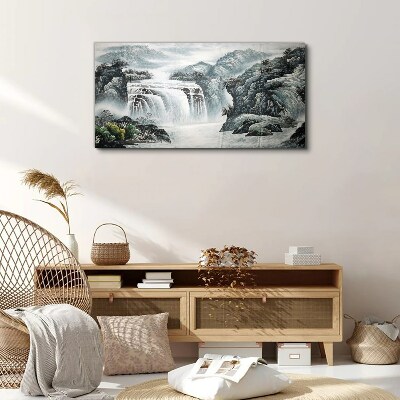 Serene waterfalls in a mountain landscape Print on canvas