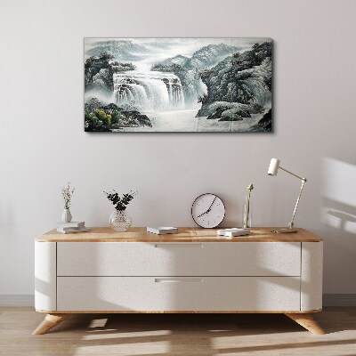 Serene waterfalls in a mountain landscape Print on canvas