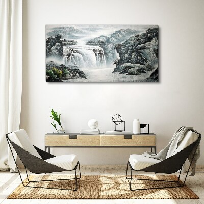 Serene waterfalls in a mountain landscape Print on canvas