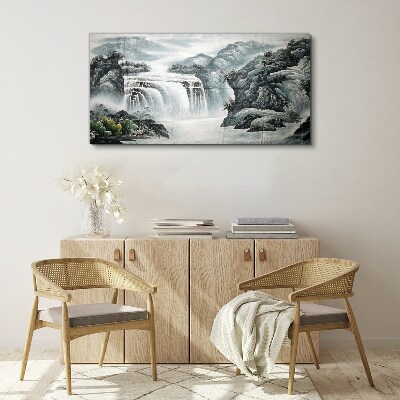 Serene waterfalls in a mountain landscape Print on canvas