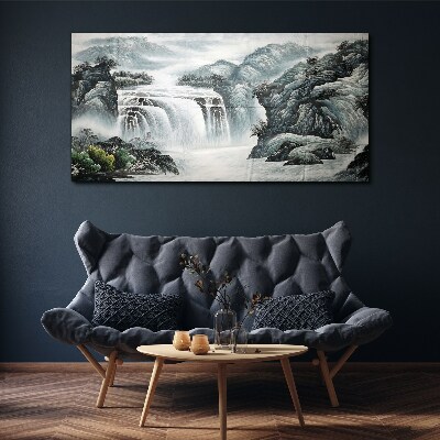 Serene waterfalls in a mountain landscape Print on canvas