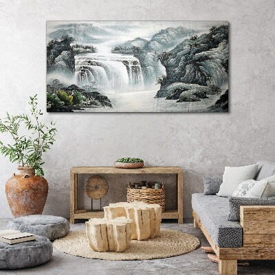 Serene waterfalls in a mountain landscape Print on canvas