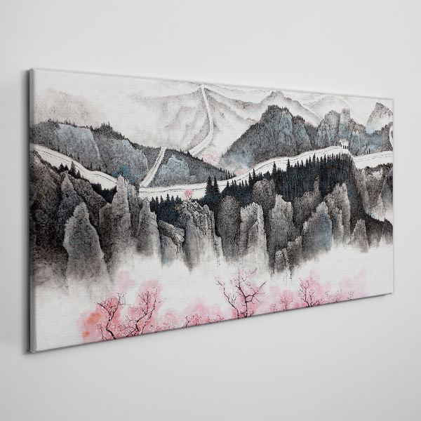 A peaceful mountain landscape with flowers Print on canvas