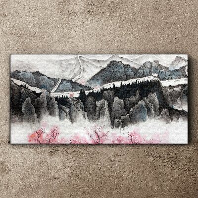 A peaceful mountain landscape with flowers Print on canvas