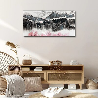A peaceful mountain landscape with flowers Print on canvas