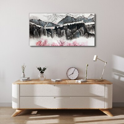 A peaceful mountain landscape with flowers Print on canvas