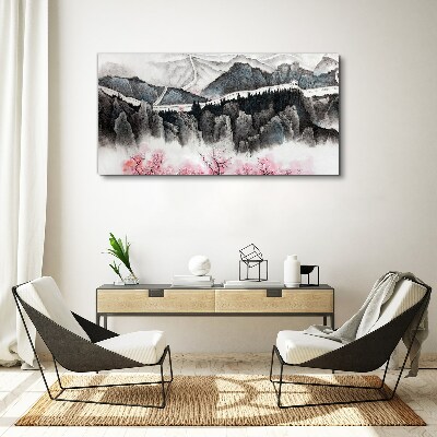 A peaceful mountain landscape with flowers Print on canvas