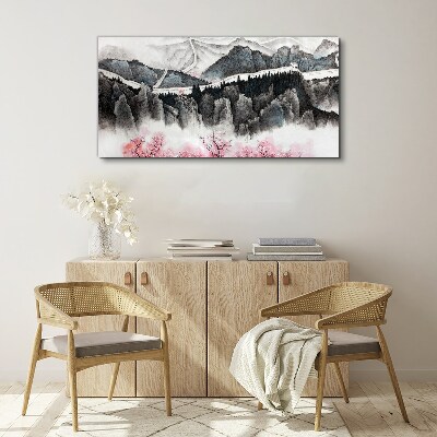 A peaceful mountain landscape with flowers Print on canvas