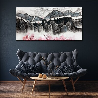 A peaceful mountain landscape with flowers Print on canvas