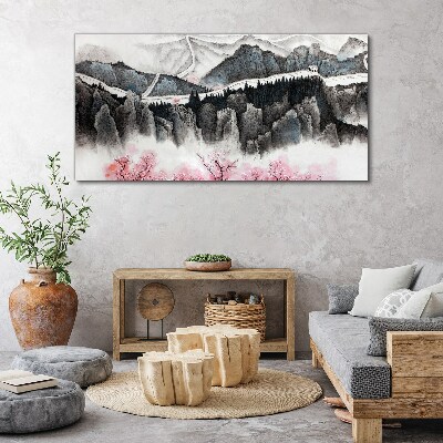 A peaceful mountain landscape with flowers Print on canvas