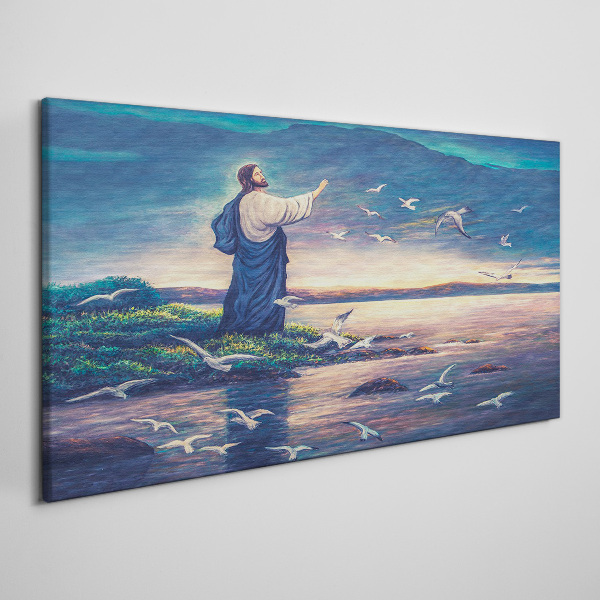 Jesus on the shore with birds Canvas wall art