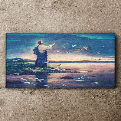Jesus on the shore with birds Canvas wall art