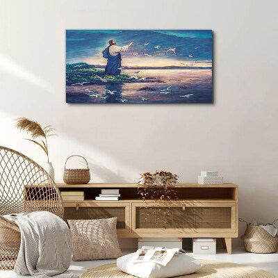 Jesus on the shore with birds Canvas wall art