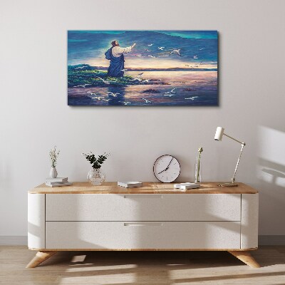 Jesus on the shore with birds Canvas wall art