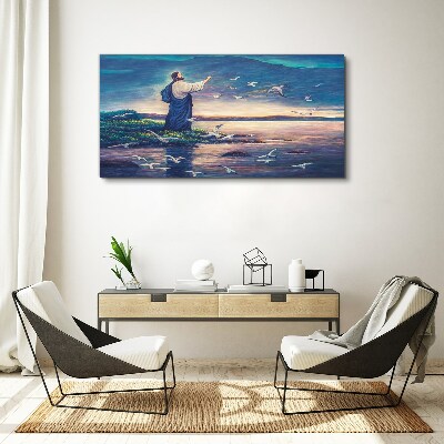Jesus on the shore with birds Canvas wall art