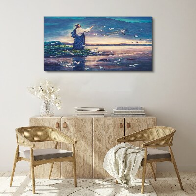 Jesus on the shore with birds Canvas wall art
