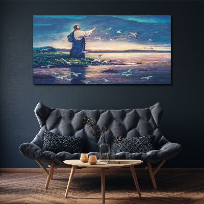 Jesus on the shore with birds Canvas wall art