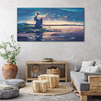 Jesus on the shore with birds Canvas wall art