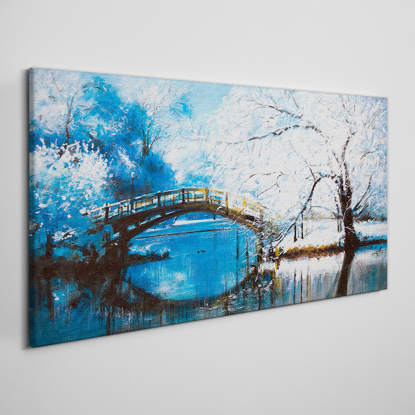 Winter bridge in a blue landscape Canvas wall art