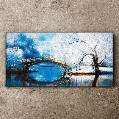 Winter bridge in a blue landscape Canvas wall art