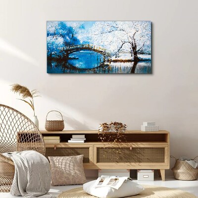 Winter bridge in a blue landscape Canvas wall art