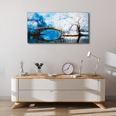 Winter bridge in a blue landscape Canvas wall art