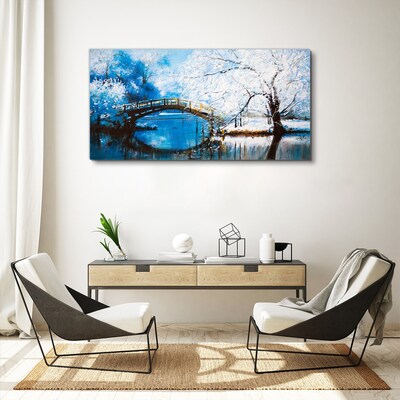 Winter bridge in a blue landscape Canvas wall art