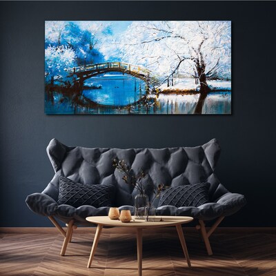 Winter bridge in a blue landscape Canvas wall art