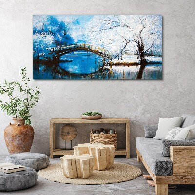 Winter bridge in a blue landscape Canvas wall art