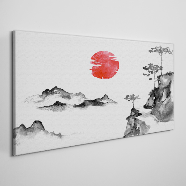 Japanese landscape with red ball Print on canvas