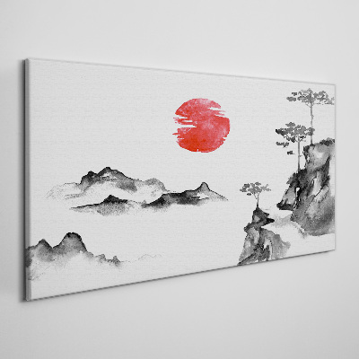 Japanese landscape with red ball Print on canvas