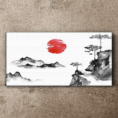 Japanese landscape with red ball Print on canvas