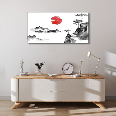 Japanese landscape with red ball Print on canvas