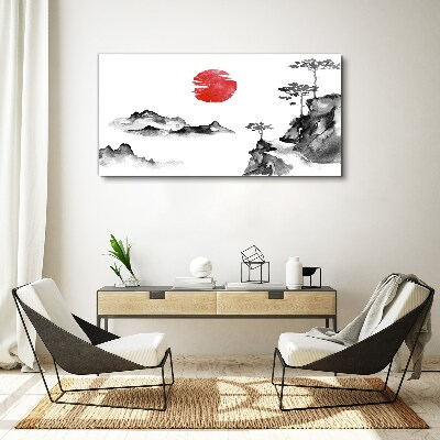 Japanese landscape with red ball Print on canvas