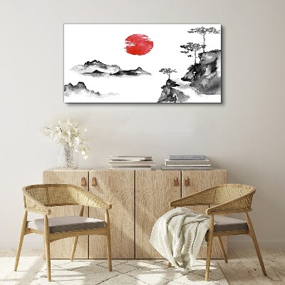 Japanese landscape with red ball Print on canvas