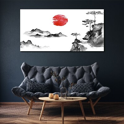 Japanese landscape with red ball Print on canvas