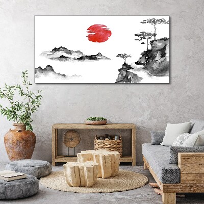 Japanese landscape with red ball Print on canvas