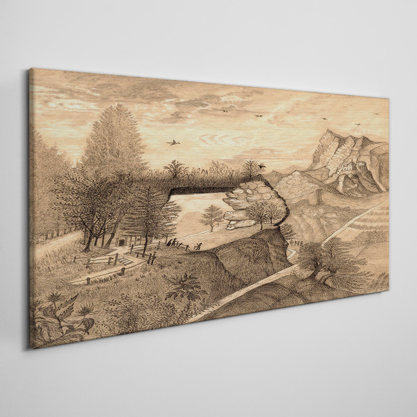 Landscape with a bridge and trees Print on canvas