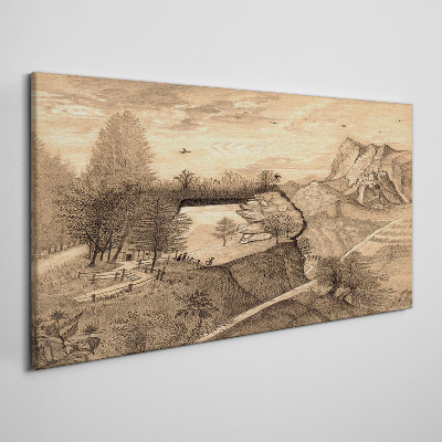 Landscape with a bridge and trees Print on canvas