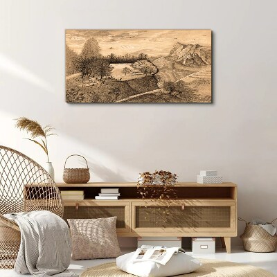 Landscape with a bridge and trees Print on canvas