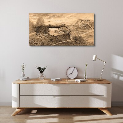 Landscape with a bridge and trees Print on canvas