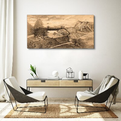 Landscape with a bridge and trees Print on canvas