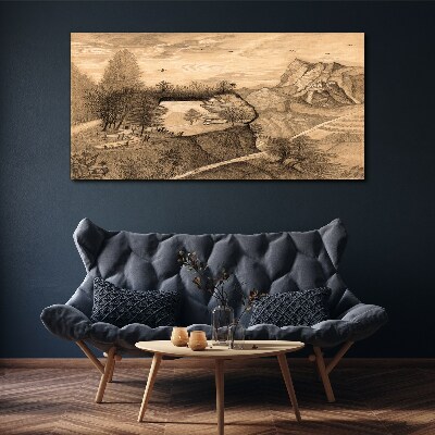 Landscape with a bridge and trees Print on canvas